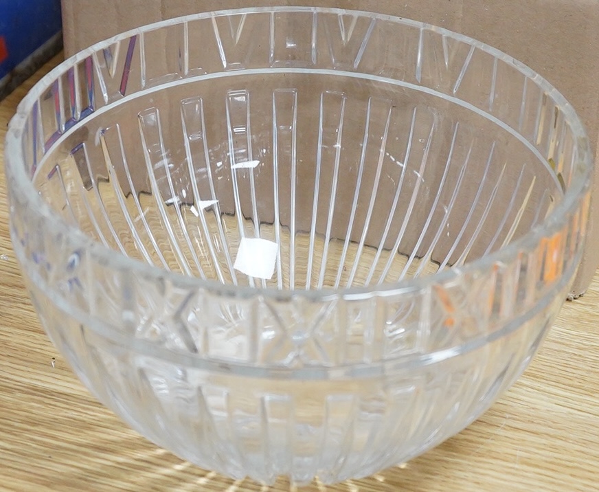 A Tiffany crystal Roman numeral bowl, etched mark to the base, 25cm in diameter